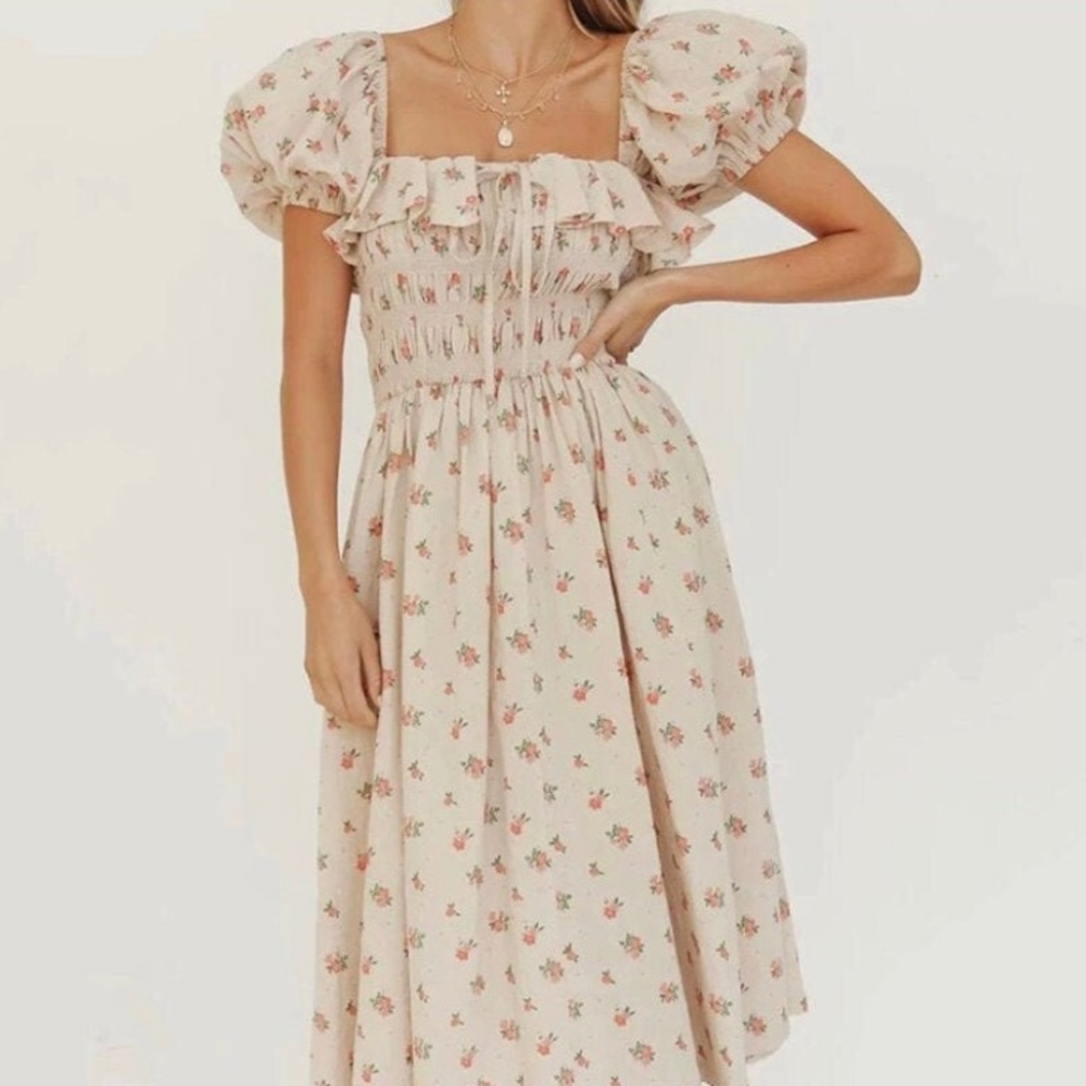 ❤️French country picnic cottage core puff puffy ruffle sleeve dress - Picture 3 of 5